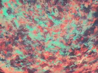 Una trama astratta con pennellate turchesi, corallo e viola crea un effetto dinamico e materico su tutta la superficie.