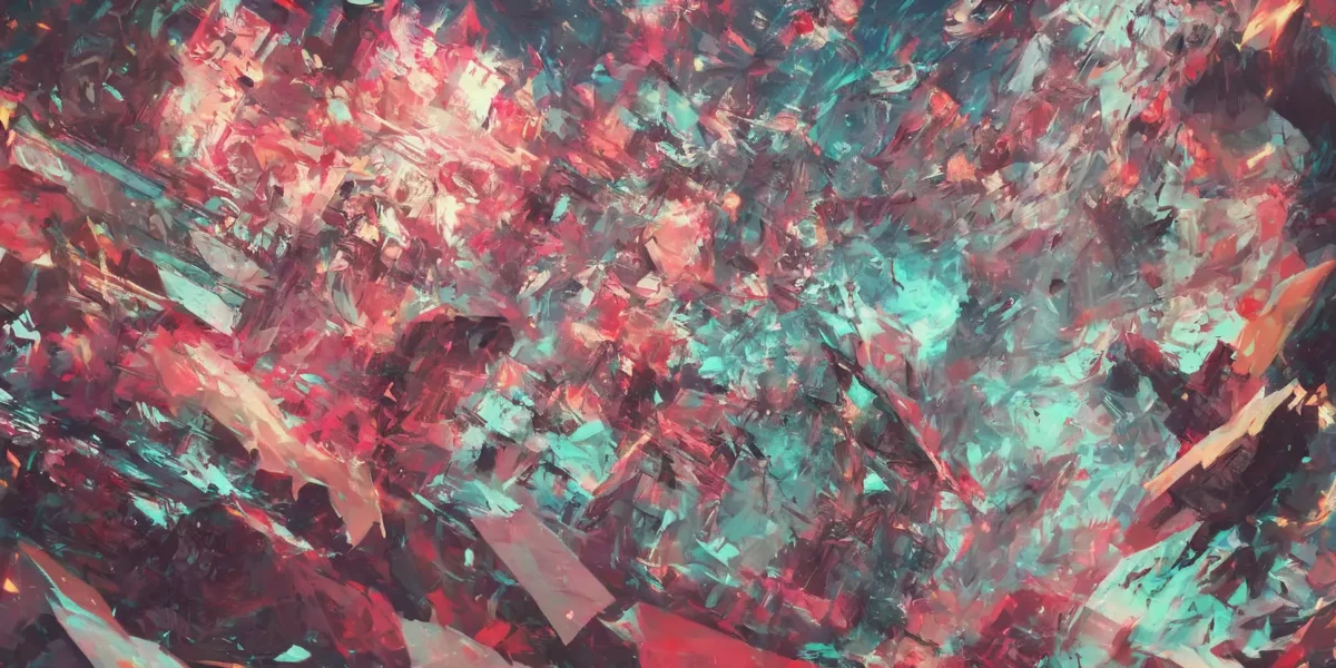 Composizione astratta con frammenti pittorici rosa, turchese e rosso che si intrecciano in una superficie luminosa.