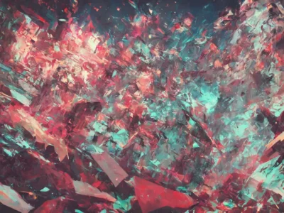 Composizione astratta con frammenti pittorici rosa, turchese e rosso che si intrecciano in una superficie luminosa.