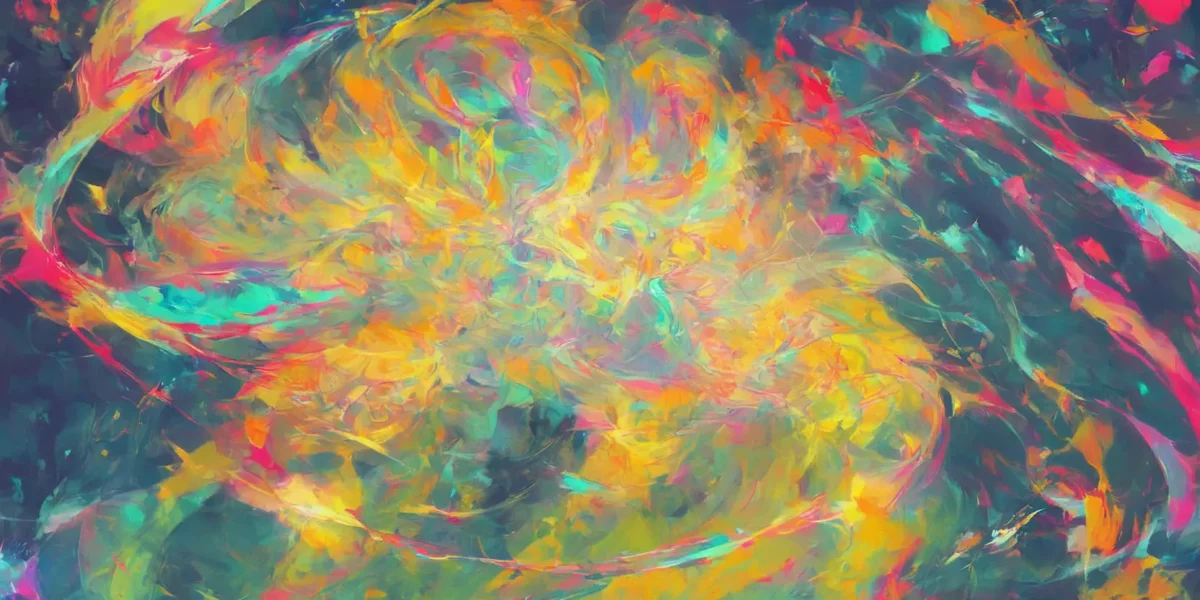 Vortici astratti di colori fluo, con pennellate rosa, gialle, turchesi e arancioni intrecciate in una composizione dinamica.