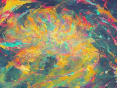 Vortici astratti di colori fluo, con pennellate rosa, gialle, turchesi e arancioni intrecciate in una composizione dinamica.