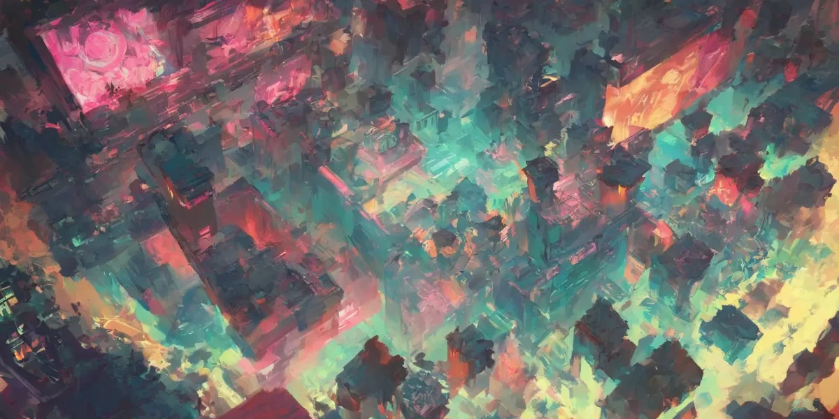 Composizione astratta con blocchi luminosi rosa, turchesi e gialli che si intrecciano in un paesaggio digitale frammentato.