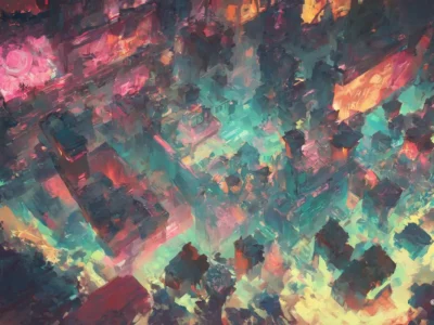 Composizione astratta con blocchi luminosi rosa, turchesi e gialli che si intrecciano in un paesaggio digitale frammentato.