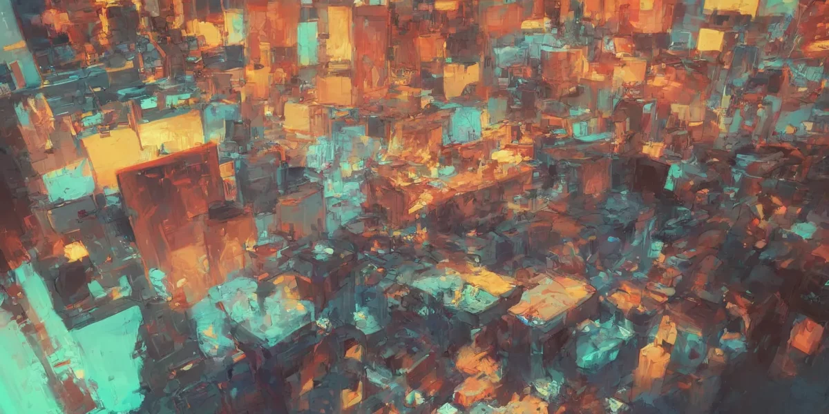 Paesaggio urbano astratto in toni arancioni e turchesi, con volumi geometrici sovrapposti e luci diffuse tra i blocchi.