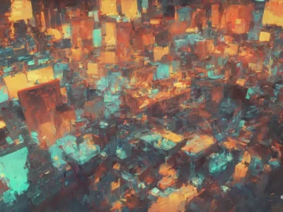 Paesaggio urbano astratto in toni arancioni e turchesi, con volumi geometrici sovrapposti e luci diffuse tra i blocchi.