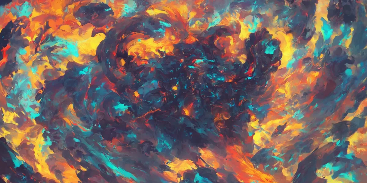 Tratti pittorici astratti in arancione, turchese, rosso e viola si intrecciano come vortici luminosi su tutta la superficie.