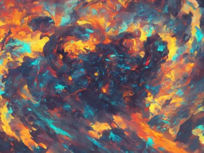 Tratti pittorici astratti in arancione, turchese, rosso e viola si intrecciano come vortici luminosi su tutta la superficie.