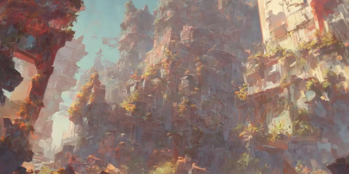 Veduta fantasy di una città verticale con edifici scoscesi e terrazze sospese, illuminata da luce calda e cielo azzurro.