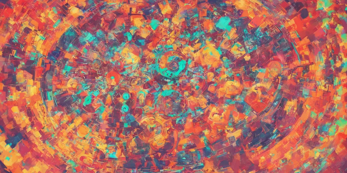 Composizione astratta con vortici di colori vivaci, toni arancioni e turchesi intrecciati in un mosaico circolare dinamico.