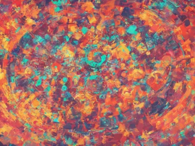 Composizione astratta con vortici di colori vivaci, toni arancioni e turchesi intrecciati in un mosaico circolare dinamico.