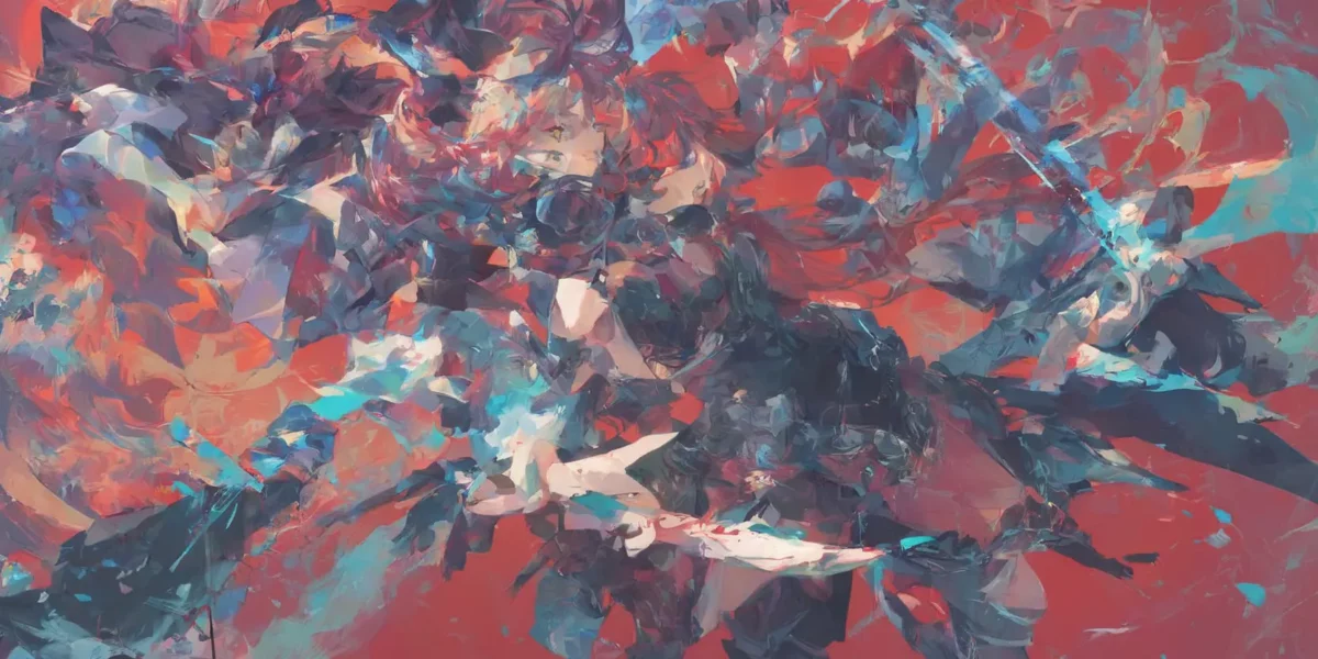 Composizione astratta con pennellate sovrapposte in rosso, turchese, grigio e bianco, dai contorni frammentati e dinamici.