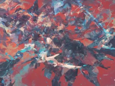 Composizione astratta con pennellate sovrapposte in rosso, turchese, grigio e bianco, dai contorni frammentati e dinamici.