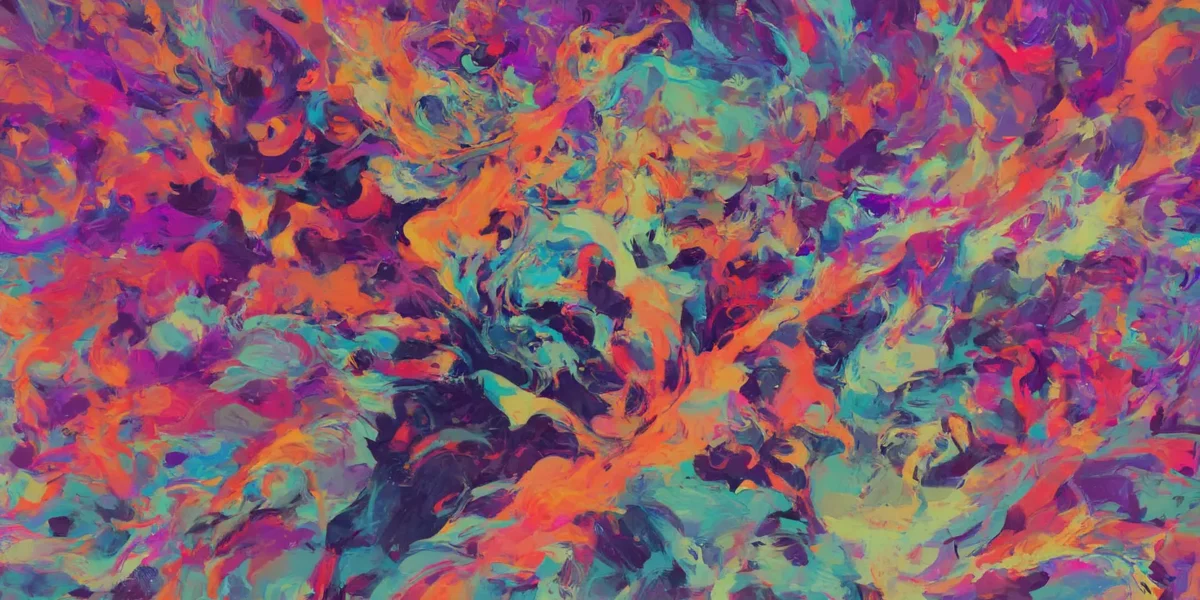 Trama astratta con pennellate fluide in rosa, turchese, arancione e viola che si intrecciano in modo dinamico.