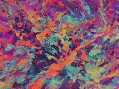 Trama astratta con pennellate fluide in rosa, turchese, arancione e viola che si intrecciano in modo dinamico.