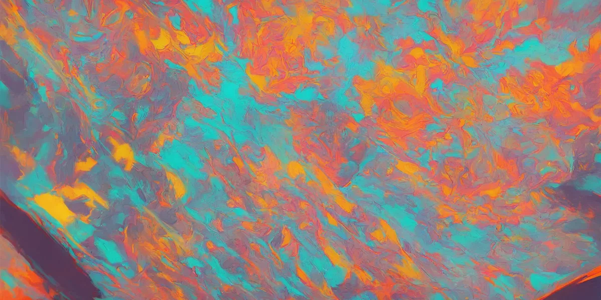 Texture astratta con pennellate turchesi e arancioni intrecciate, accenti corallo e firma Scudo231® nell’angolo