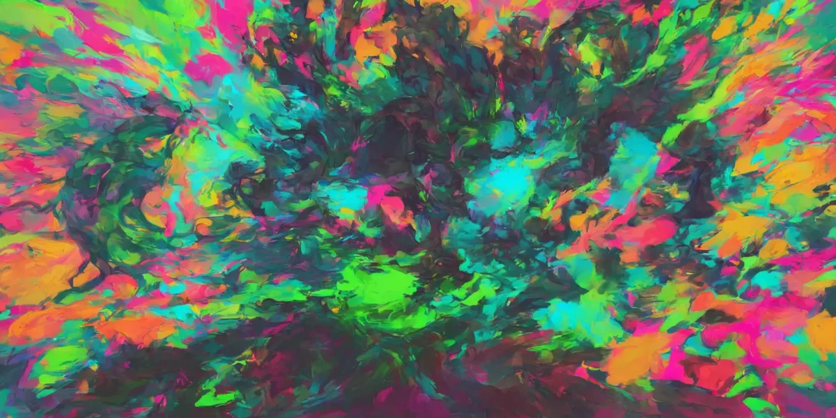 Composizione astratta dai colori vivaci, con pennellate materiche e forme dinamiche che si concentrano verso il centro.