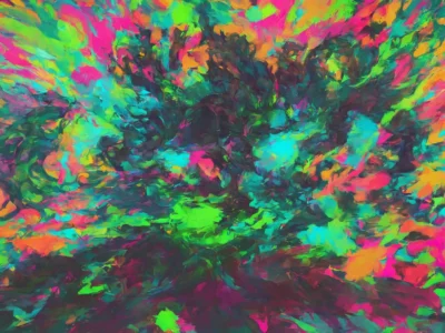 Composizione astratta dai colori vivaci, con pennellate materiche e forme dinamiche che si concentrano verso il centro.