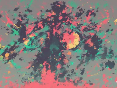Composizione astratta con pennellate corallo, turchesi e scure che formano una massa dinamica e materica