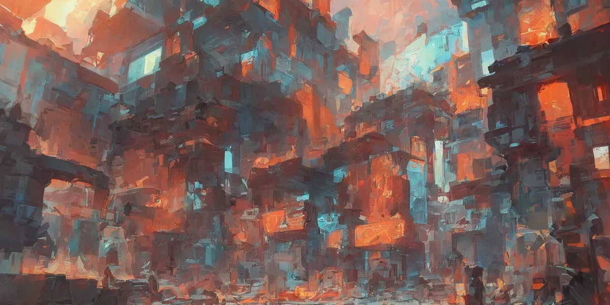 Scenario urbano futuristico e degradato, con edifici ravvicinati e colori arancio e turchese che evocano una città complessa.