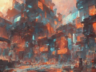 Scenario urbano futuristico e degradato, con edifici ravvicinati e colori arancio e turchese che evocano una città complessa.