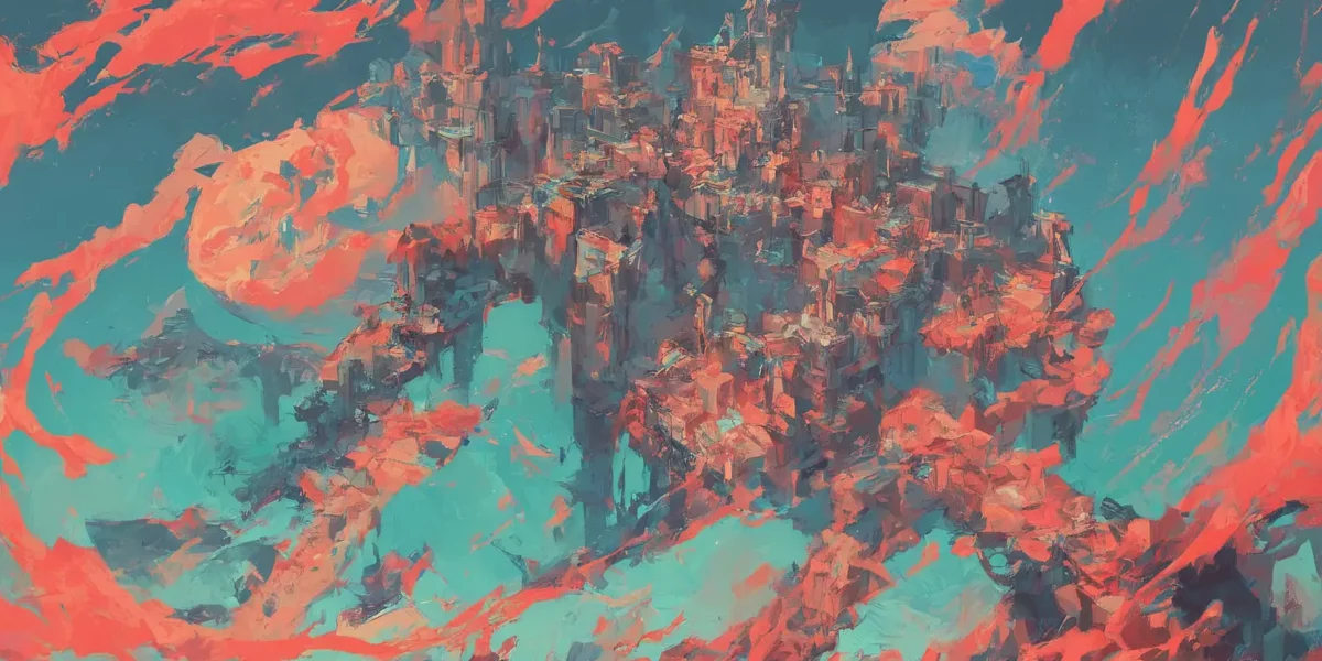 Composizione astratta con città sospesa tra pennellate rosse e turchesi, evocando la complessità della compliance aziendale.