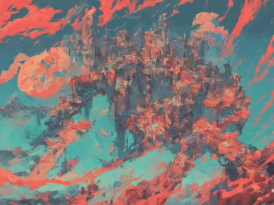 Composizione astratta con città sospesa tra pennellate rosse e turchesi, evocando la complessità della compliance aziendale.