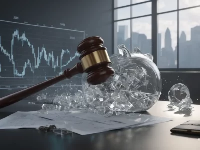 Un martelletto giudiziario infrange una sfera di vetro davanti a grafici finanziari e documenti aziendali