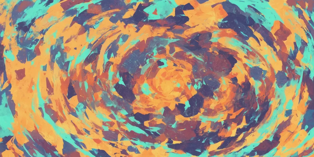 Composizione astratta con pennellate turchesi e arancioni disposte in un vortice circolare dinamico.