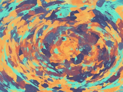 Composizione astratta con pennellate turchesi e arancioni disposte in un vortice circolare dinamico.
