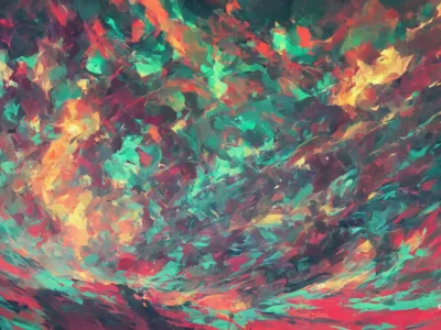 Composizione astratta con pennellate vivaci in turchese, rosso, arancio e verde e scritta Scudo231® in basso a destra.