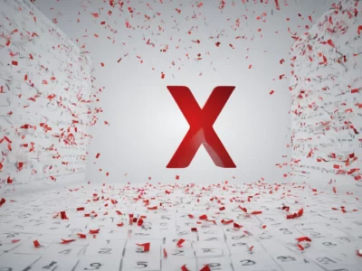 Una grande X rossa tridimensionale emerge tra frammenti di documenti e numeri dispersi, con il marchio Scudo231® nell’angolo.