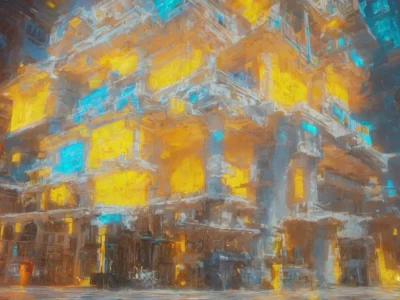 Scena urbana astratta con edifici sovrapposti, finestre luminose gialle e blu e firma Scudo231® in basso a destra