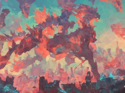 Illustrazione fantasy con un drago rosso sopra una città futuristica e il marchio Scudo231® nell’angolo inferiore.