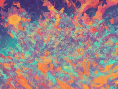 Sfondo astratto dai colori vivaci, con pennellate fluide in arancio, turchese, viola e rosa e logo Scudo231®