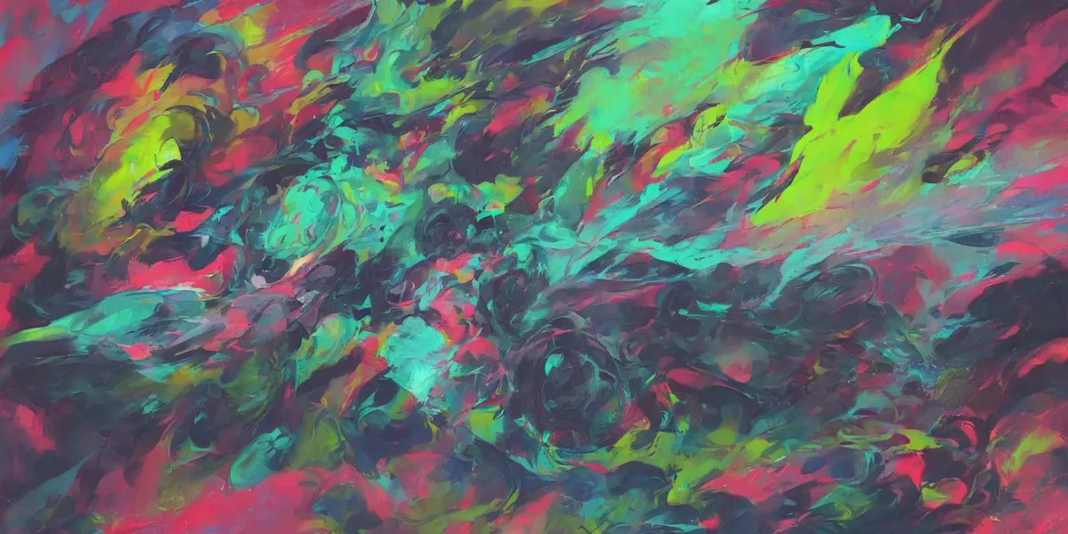 Composizione astratta dai colori vivaci, con pennellate fluide in turchese, magenta, verde lime e blu scuro.
