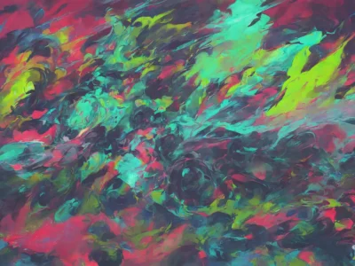 Composizione astratta dai colori vivaci, con pennellate fluide in turchese, magenta, verde lime e blu scuro.