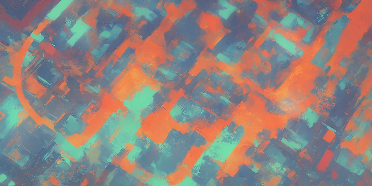 Composizione astratta con pennellate arancio, turchese e blu, firmata Scudo231® nell’angolo inferiore destro.