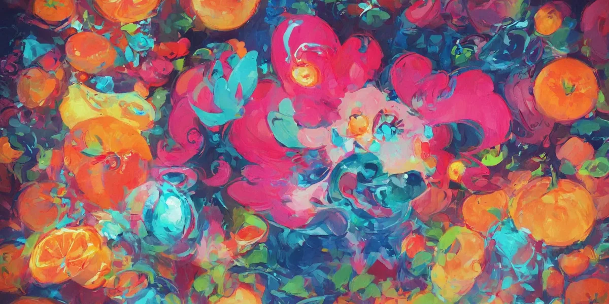 Composizione floreale dai colori vivaci con arance, fiori rosa e foglie verdi in stile pittorico.