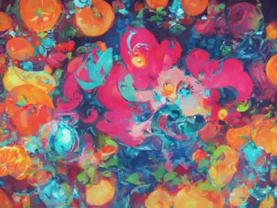 Composizione floreale dai colori vivaci con arance, fiori rosa e foglie verdi in stile pittorico.