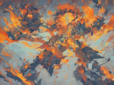 Composizione astratta di pennellate arancioni, azzurre e blu scuro, con la firma bianca Scudo231® nell’angolo inferiore destro.