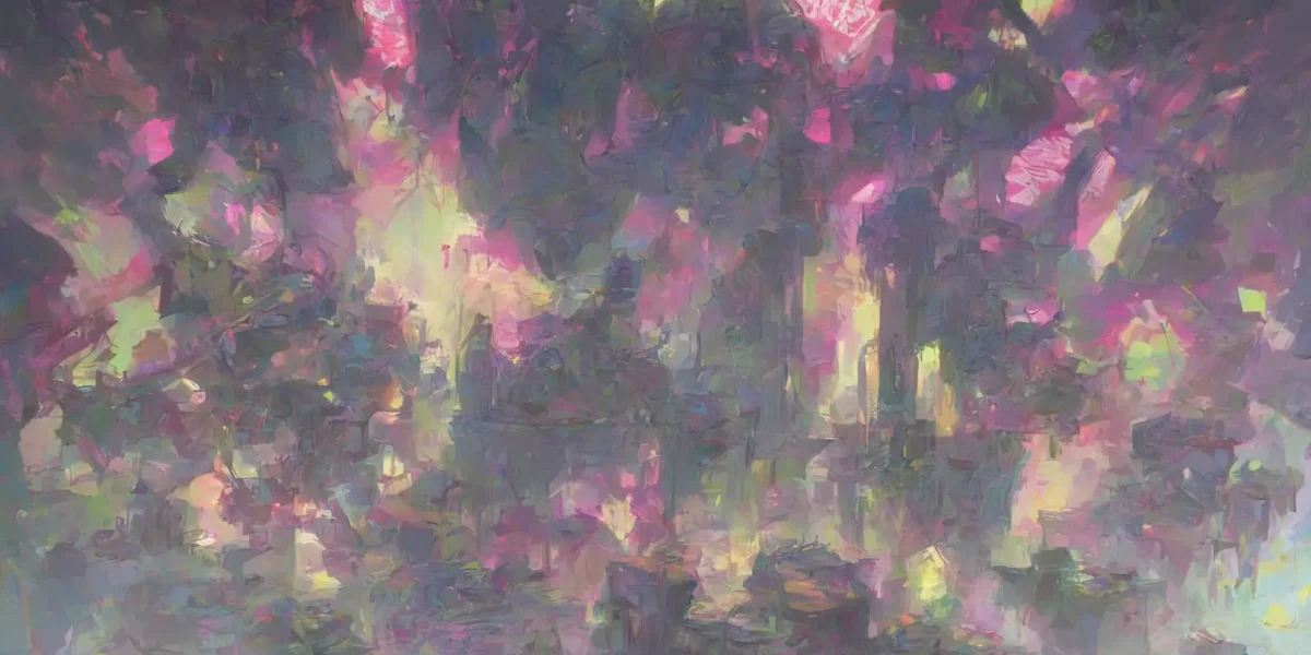Pennellate astratte rosa, viola e verde acido si sovrappongono in una composizione pittorica dai segni intricati, firmata Scudo231®.