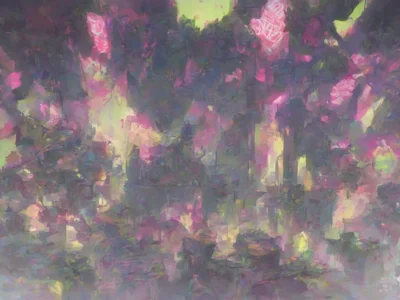 Pennellate astratte rosa, viola e verde acido si sovrappongono in una composizione pittorica dai segni intricati, firmata Scudo231®.