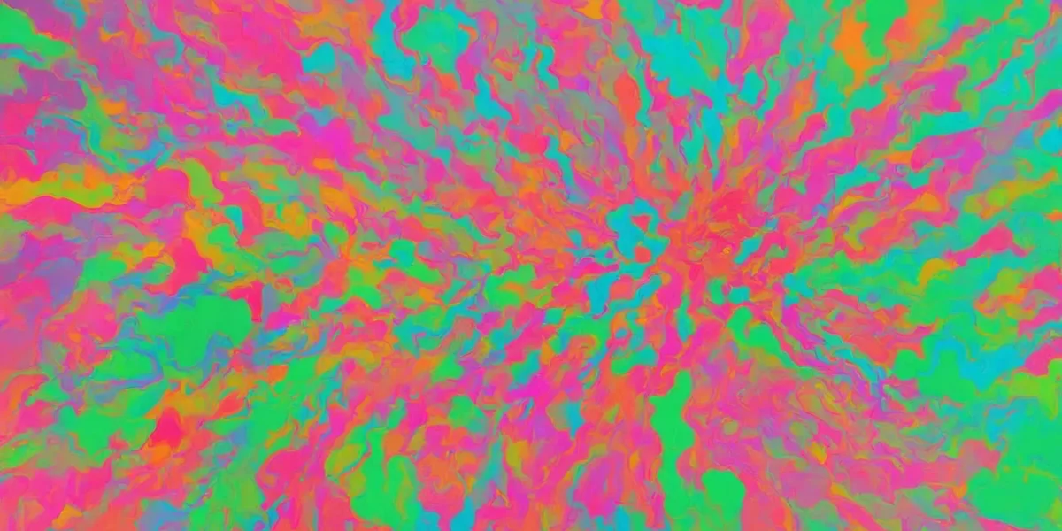 Una trama astratta di forme irregolari in verde, fucsia, arancione e turchese si intreccia in un motivo multicolore.