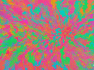 Una trama astratta di forme irregolari in verde, fucsia, arancione e turchese si intreccia in un motivo multicolore.