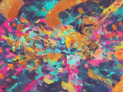 Composizione astratta e colorata con pennellate dinamiche, forme sovrapposte e il marchio Scudo231® visibile nell’angolo.