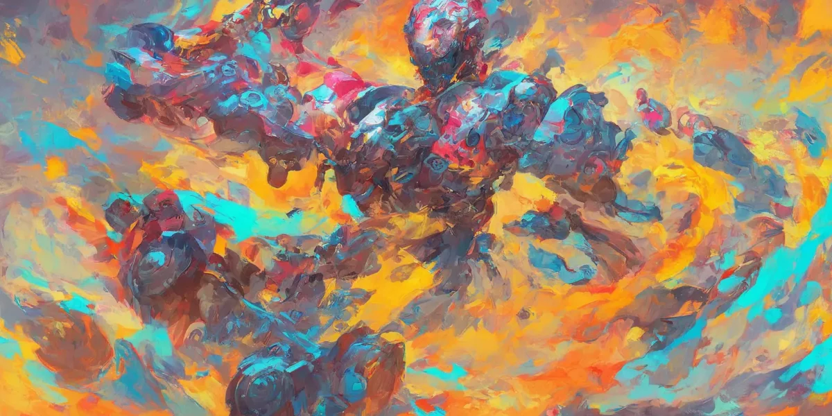 Figure umanoidi corazzate avanzano in una scena astratta dai colori vivaci, tra pennellate arancioni, turchesi e rosse.