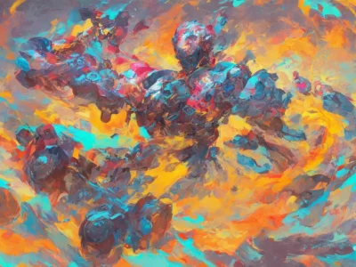 Figure umanoidi corazzate avanzano in una scena astratta dai colori vivaci, tra pennellate arancioni, turchesi e rosse.