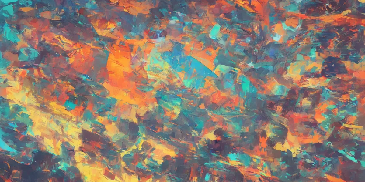 Composizione astratta in colori vivaci con pennellate turchesi, arancioni e gialle per Scudo231®