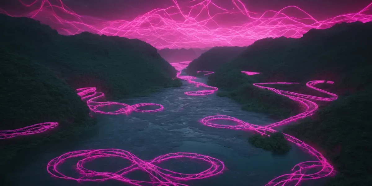 Un fiume attraversa montagne boscose, mentre linee luminose rosa disegnano percorsi sinuosi e un grande simbolo d’infinito.