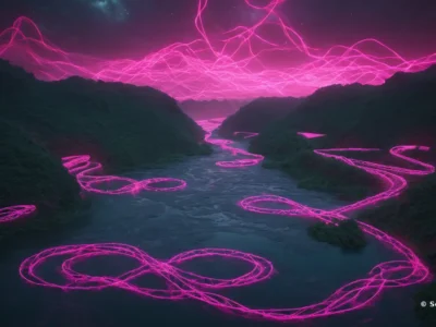 Un fiume attraversa montagne boscose, mentre linee luminose rosa disegnano percorsi sinuosi e un grande simbolo d’infinito.